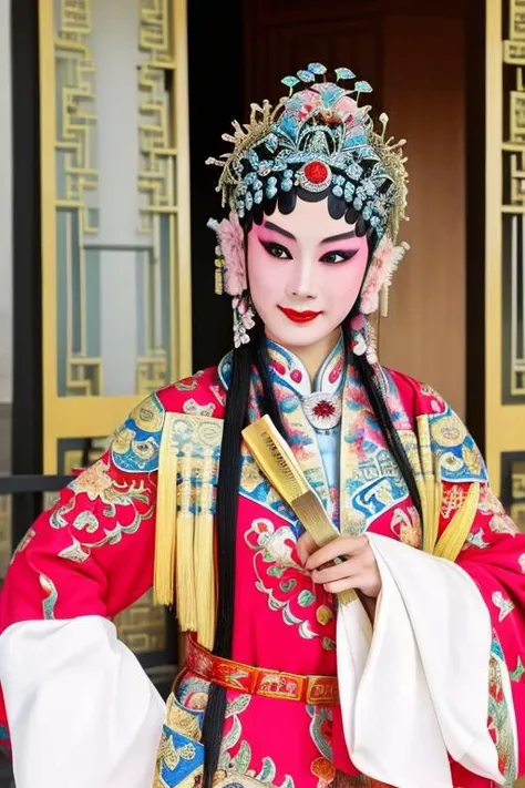 best quality, masterpiece, highres, 1girl,china dress,Beautiful face, hair ornament, solo,looking at viewer,smile,closed mouth,lips, china dress,dress,hair ornament, necklace, jewelry, long hair, earrings, chinese clothes, architecture,east asian architecture, in a costume, with a large headpiece, a large hair comb in her hand, <lora:HuangMeiXi:0.8> <lora:koreandolllikeness_v15:0.2>
