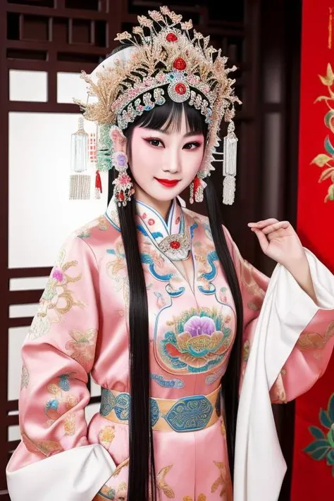 best quality, masterpiece, highres, 1girl,china dress,Beautiful face, hair ornament, solo,looking at viewer,smile,closed mouth,lips, china dress,dress,hair ornament, necklace, jewelry, long hair, earrings, chinese clothes, architecture,east asian architecture, in a costume, with a large headpiece, <lora:HuangMeiXi:0.5> <lora:koreandolllikeness_v15:0.2> <lora:3loraGuofeng3Lora_v32LoraBigLight:0.3>