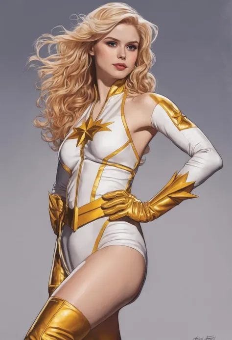 erin_moriarty in a superhero pose, starlight_costume, comic book illustration by ( Catherine Hyde ) and Hajime Sorayama ) and Bedwyr Williams ) and Arthur Hacker, dof, <lora:erin_moriarty_sdxl_60:0.85>, <lora:comic_book_illustration:1.5>