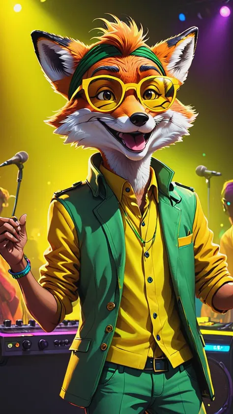 cyberpunk, line art, cartoon style, a mr.Fox, disney cartoon network, yellow glasses, smile, reggae singer on stage, at a disco party, neon, cartoon network character, comic painting, bold lines,  <lora:mr.Fox:0.8>