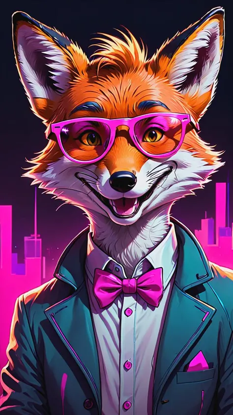 cyberpunk, line art, cartoon style, a mr.Fox, disney cartoon network, pink glasses, smile, at a rave party, neon, cartoon network character, comic painting, bold lines, <lora:mr.Fox:0.8>