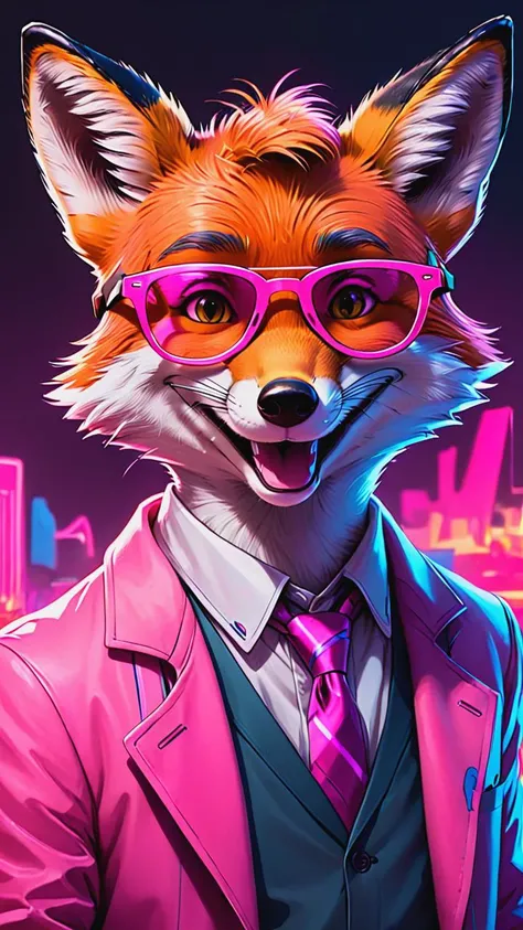 cyberpunk, line art, cartoon style, a mr.Fox, disney cartoon network, pink glasses, smile, at a rave party, neon, cartoon network character, comic painting, bold lines,  <lora:mr.Fox:0.8>