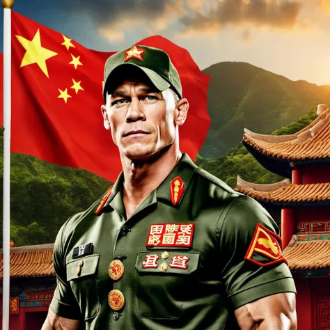 a photo of john cena in front of a Chinese flag and Chinese village, Chinese military uniform, realistic, photoreal, 8k, 4k, best quality, professional <lora:john_cena_xl:0.8>