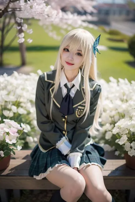ultra-detailed,highly detailed,best quality,masterpiece,illustration,
kashiwazaki Sena, 1girl, solo,cosplay,st. chronica academy school uniform,buttons,
blazer, pleated skirt, plaid skirt, necktie, collared shirt,light brown shirt, wing collar, 
looking at viewer, light smile, 
photo background, nature, flower field, cherry blossoms, wind,petals, falling petals, full body, 
 <lora:kashiwazaki Sena_v1_07:0.8>