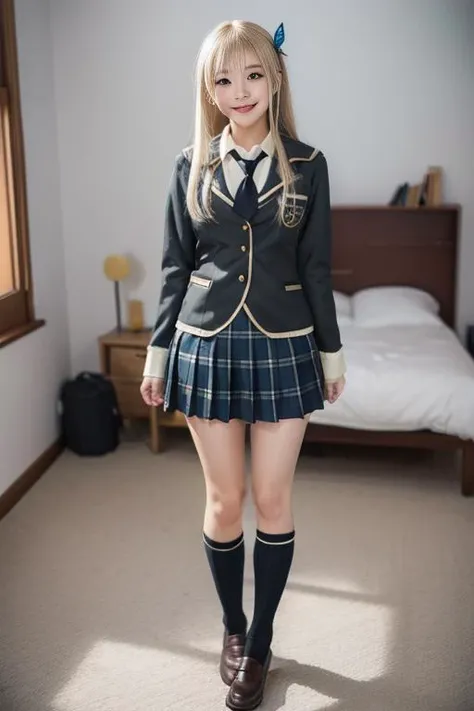 ultra-detailed,highly detailed,best quality,masterpiece,illustration,
kashiwazaki Sena, 1girl, solo,cosplay,st. chronica academy school uniform,buttons,
blazer, pleated skirt, plaid skirt, necktie, collared shirt,light brown shirt, wing collar, 
looking at viewer, light smile, 
photo background, room, bedroom, full body, 
 <lora:kashiwazaki Sena_v1_07:0.6>