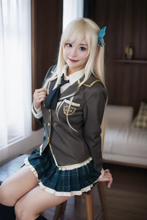 ultra-detailed,highly detailed,best quality,masterpiece,illustration,
kashiwazaki Sena, 1girl, solo,cosplay,st. chronica academy school uniform,buttons,
blazer, pleated skirt, plaid skirt, necktie, collared shirt,light brown shirt, wing collar,
looking at viewer, light smile,
photo background, room, living room, full body,
<lora:kashiwazaki Sena_v1_07:0.9>