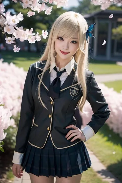 ultra-detailed,highly detailed,best quality,masterpiece,illustration,
kashiwazaki Sena, 1girl, solo,cosplay,st. chronica academy school uniform,buttons,
blazer, pleated skirt, plaid skirt, necktie, collared shirt,light brown shirt, wing collar, 
looking at viewer, light smile, 
photo background, nature, flower field, cherry blossoms, wind,petals, falling petals, 
 <lora:kashiwazaki Sena_v1_07:0.6>