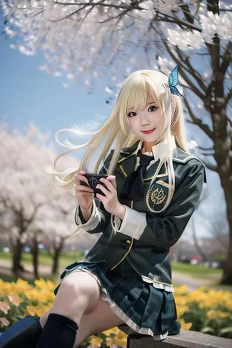 ultra-detailed,highly detailed,best quality,masterpiece,illustration,
kashiwazaki Sena, 1girl, solo,cosplay,st. chronica academy school uniform,
looking at viewer, light smile,
photo background, nature, flower field, cherry blossoms, wind,petals, falling petals,
<lora:kashiwazaki Sena_v1_06:1.0>