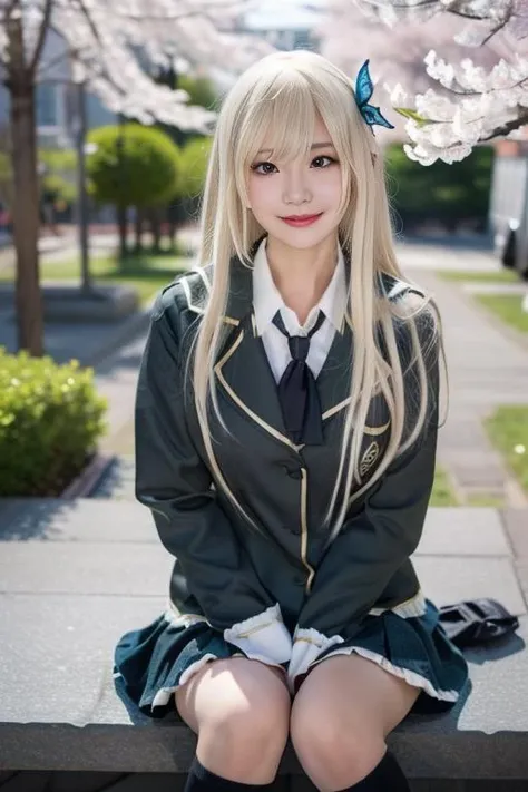 best quality, masterpiece, Highly detailed, extreme detail description, Professional, (EOS R8,50mm,F1.2,8K,RAW photo:1.2), 1girl, <lora:neg4all_bdsqlsz_V3.5:1>, <lora:kashiwazaki Sena_v1_07:1>, kashiwazaki Sena, solo, cosplay, st. chronica academy school uniform, blue eyes, blonde hair, long hair, large breasts, bangs, black socks, loafers, kneehighs, plaid skirt, butterfly hair ornament, green skirt, jacket, necktie, long sleeves, pleated skirt, blazer, khaki shirt, lace trim,
