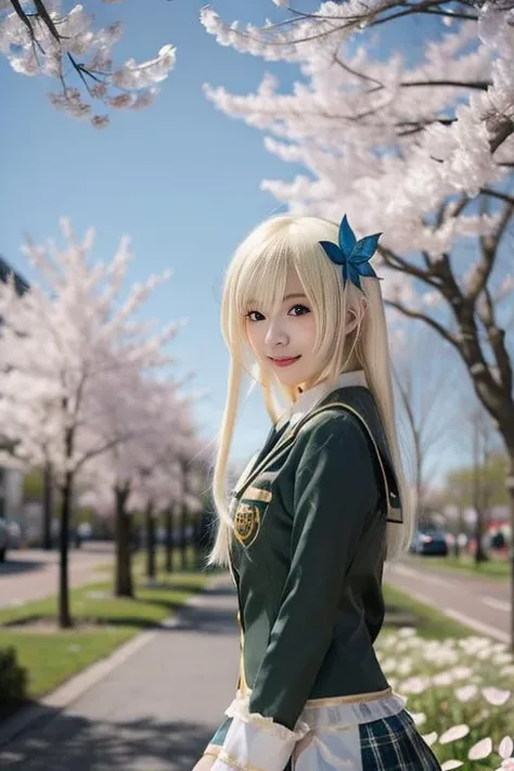 ultra-detailed,highly detailed,best quality,masterpiece,illustration,
kashiwazaki Sena, 1girl, solo,cosplay,st. chronica academy school uniform,
looking at viewer, light smile,
photo background, nature, flower field, cherry blossoms, wind,petals, falling petals,
<lora:kashiwazaki Sena_v1_06:0.8>