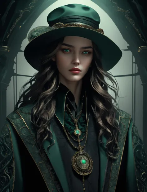 : ((best quality)), ((masterpiece)), ((realistic,digital art)), (hyper detailed),DonMD34thM4g1c4tt1r3 Spellcaster,Wavy hair, Wearing a Hat, Wearing a hat with a seductive look, adding a touch of mystery and allure <lora:DonMD34thM4g1c4tt1r3_v2-000009:0.85>