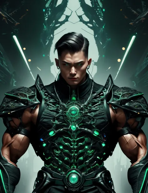 : ((best quality)), ((masterpiece)), ((realistic,digital art)), (hyper detailed),DonMD34thM4g1c4tt1r3 Sorcerer,Undercut, Cybernetic Flex, Character flexes bionic-enhanced muscles, showcasing their cybernetic strength. <lora:DonMD34thM4g1c4tt1r3_v2-000009:0.85>