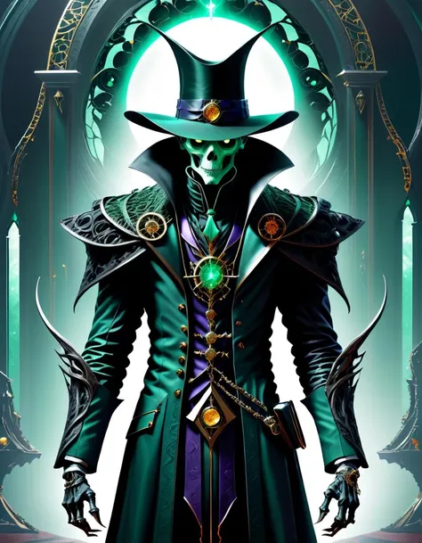 necrons, glowing, armor, weapon, robot, mecha, green eyes, glowing eyes, science fiction, skull, staff, cape, horror_(theme), skulls, ruins, bones, rib_cages, pure_evil, smile, looking_at_viewer,