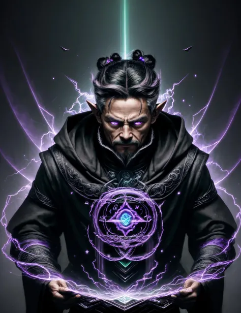 ((best quality)), ((masterpiece)), ((realistic,digital art)), (hyper detailed),DonMD34thM4g1c4tt1r3 Spellcaster,Geriatric Voluminous, Pacific Islander, Steel gray eyes, Split Ears, Oblong face shape, Elegantly Arched Feet, , Lilac Man bun hair, Relief,, Elemental Channeling, Fingers pointed to control elemental energies<lora:DonMD34thM4g1c4tt1r3-000009:0.85>