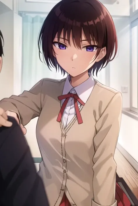 akiratakano, <lora:akira takano s2-lora-nochekaiser:1>,
akira takano, very short hair, brown hair, (purple eyes:1.1), sanpaku eyes,
BREAK skirt, school uniform, red skirt, ribbon, red ribbon, shirt, white shirt, collared shirt, blazer, brown blazer,
BREAK indoors, classroom,
BREAK looking at viewer, (cowboy shot:1.5),
BREAK <lyco:GoodHands-beta2:1>, (masterpiece:1.2), best quality, high resolution, unity 8k wallpaper, (illustration:0.8), (beautiful detailed eyes:1.6), extremely detailed face, perfect lighting, extremely detailed CG, (perfect hands, perfect anatomy),