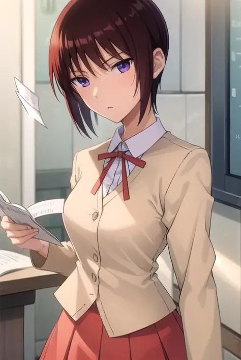 akiratakano, <lora:akira takano s2-lora-nochekaiser:1>,
akira takano, short hair, brown hair, (purple eyes:1.1), sanpaku eyes,
BREAK skirt, school uniform, red skirt, ribbon, red ribbon, shirt, white shirt, collared shirt, blazer, brown blazer,
BREAK indoors, classroom,
BREAK looking at viewer, (cowboy shot:1.5),
BREAK <lyco:GoodHands-beta2:1>, (masterpiece:1.2), best quality, high resolution, unity 8k wallpaper, (illustration:0.8), (beautiful detailed eyes:1.6), extremely detailed face, perfect lighting, extremely detailed CG, (perfect hands, perfect anatomy),