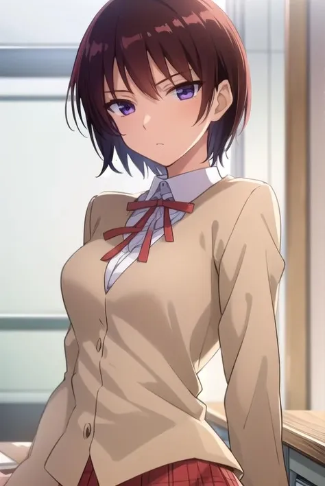 akiratakano, <lora:akira takano s2-lora-nochekaiser:1>,
akira takano, very short hair, brown hair, (purple eyes:1.1), sanpaku eyes,
BREAK skirt, school uniform, red skirt, ribbon, red ribbon, shirt, white shirt, collared shirt, blazer, brown blazer,
BREAK indoors, classroom,
BREAK looking at viewer, (cowboy shot:1.5),
BREAK <lyco:GoodHands-beta2:1>, (masterpiece:1.2), best quality, high resolution, unity 8k wallpaper, (illustration:0.8), (beautiful detailed eyes:1.6), extremely detailed face, perfect lighting, extremely detailed CG, (perfect hands, perfect anatomy),