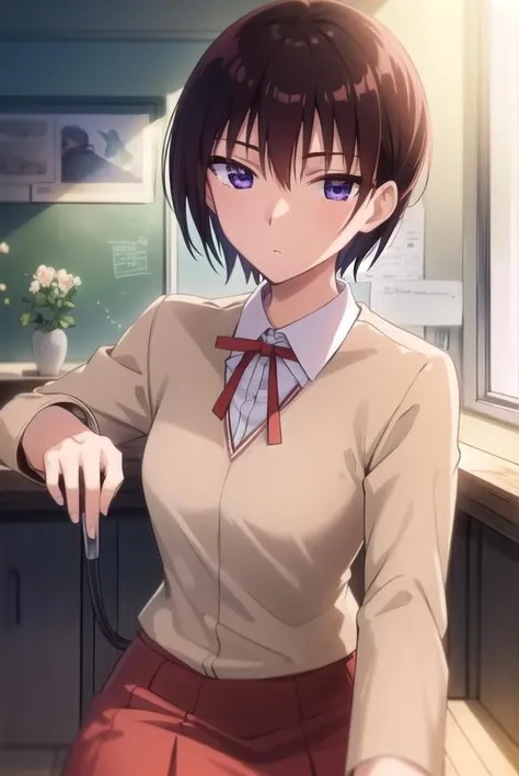 akiratakano, <lora:akira takano s2-lora-nochekaiser:1>,
akira takano, very short hair, brown hair, (purple eyes:1.1), sanpaku eyes,
BREAK skirt, school uniform, red skirt, ribbon, red ribbon, shirt, white shirt, collared shirt, blazer, brown blazer,
BREAK indoors, classroom,
BREAK looking at viewer, (cowboy shot:1.5),
BREAK <lyco:GoodHands-beta2:1>, (masterpiece:1.2), best quality, high resolution, unity 8k wallpaper, (illustration:0.8), (beautiful detailed eyes:1.6), extremely detailed face, perfect lighting, extremely detailed CG, (perfect hands, perfect anatomy),