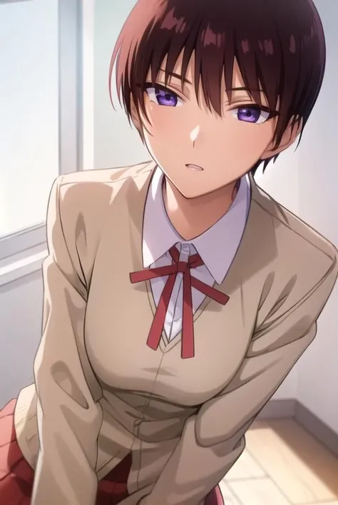 akiratakano, <lora:akira takano s2-lora-nochekaiser:1>,
akira takano, very short hair, brown hair, (purple eyes:1.1), sanpaku eyes,
BREAK skirt, school uniform, red skirt, ribbon, red ribbon, shirt, white shirt, collared shirt, blazer, brown blazer,
BREAK indoors, classroom,
BREAK looking at viewer, (cowboy shot:1.5),
BREAK <lyco:GoodHands-beta2:1>, (masterpiece:1.2), best quality, high resolution, unity 8k wallpaper, (illustration:0.8), (beautiful detailed eyes:1.6), extremely detailed face, perfect lighting, extremely detailed CG, (perfect hands, perfect anatomy),