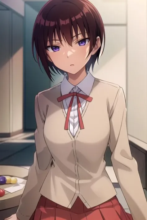 akiratakano, <lora:akira takano s2-lora-nochekaiser:1>,
akira takano, very short hair, brown hair, (purple eyes:1.1), sanpaku eyes,
BREAK skirt, school uniform, red skirt, ribbon, red ribbon, shirt, white shirt, collared shirt, blazer, brown blazer,
BREAK indoors, classroom,
BREAK looking at viewer, (cowboy shot:1.5),
BREAK <lyco:GoodHands-beta2:1>, (masterpiece:1.2), best quality, high resolution, unity 8k wallpaper, (illustration:0.8), (beautiful detailed eyes:1.6), extremely detailed face, perfect lighting, extremely detailed CG, (perfect hands, perfect anatomy),