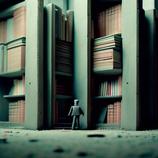 little bureaucratic miniature explorers made out of plastic exploring a concrete brutalist library with tall shelves of books at night time, grainy, painting, masterpiece, scary, shadows, (dark surreal), ((tree branches poking through windows)), trending on deviantart, science fiction, gothic horror, <lora:BrutalistTech-20:1>