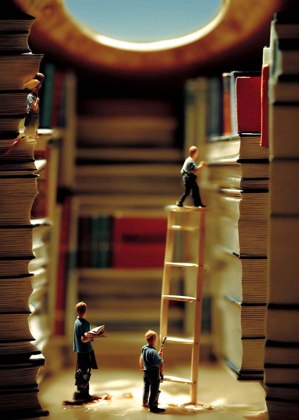 little people miniature explorers made out of plastic exploring an endless spiral library with tall shelves of books at night time, nighttime, painting, masterpiece, nc Wyeth, scary, shadows, (dark surreal), ((tree branches poking through a skylight)), science fiction, gothic horror, rainy windows, <lora:add_detail:1> <lora:epi_noiseoffset2:1>