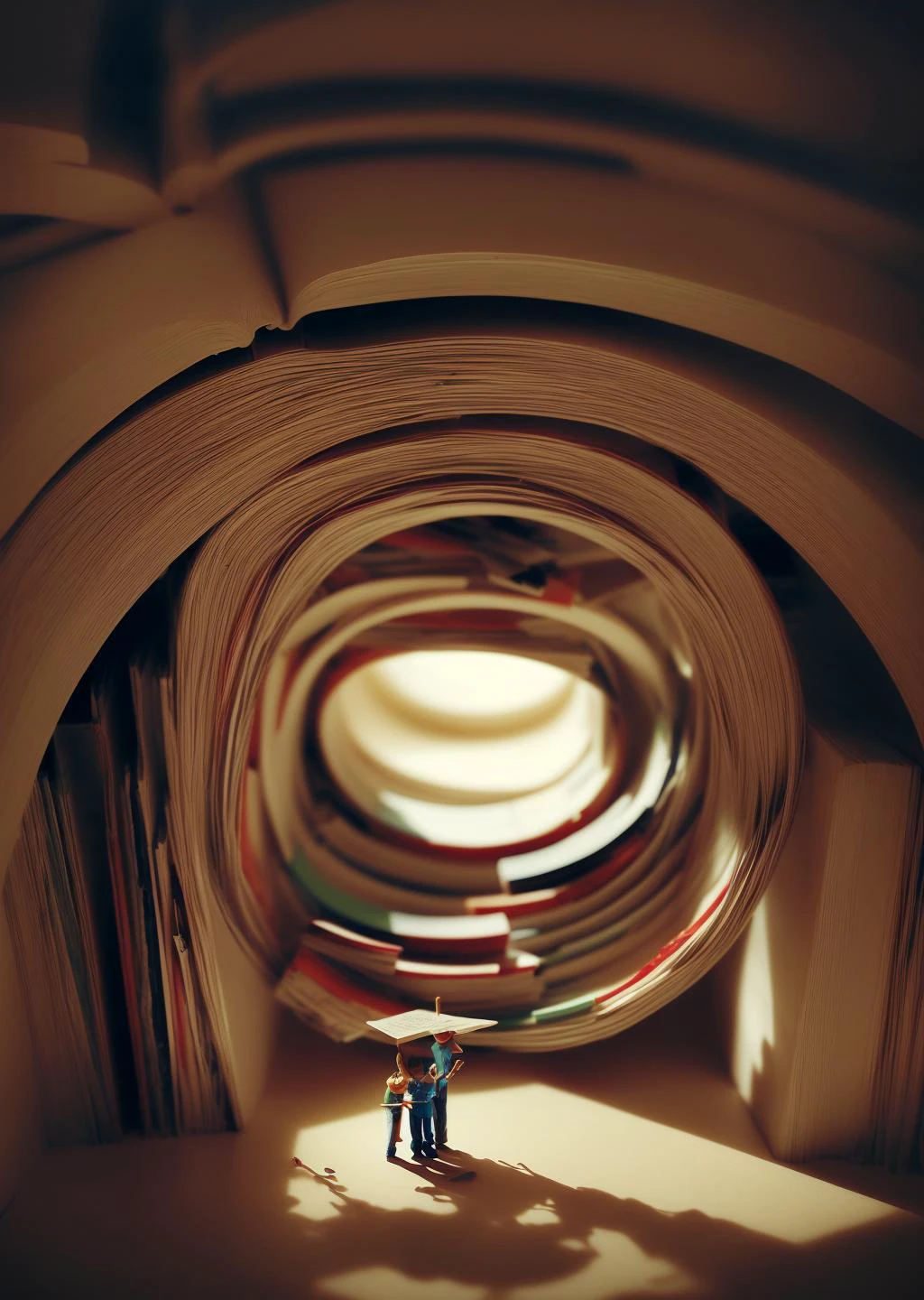 little people miniature explorers made out of plastic exploring an endless spiral library with tall shelves of books at night time, nighttime, painting, masterpiece, nc Wyeth, scary, shadows, (dark surreal), ((tree branches poking through a skylight)), science fiction, gothic horror, rainy windows, <lora:add_detail:1> <lora:epi_noiseoffset2:1>