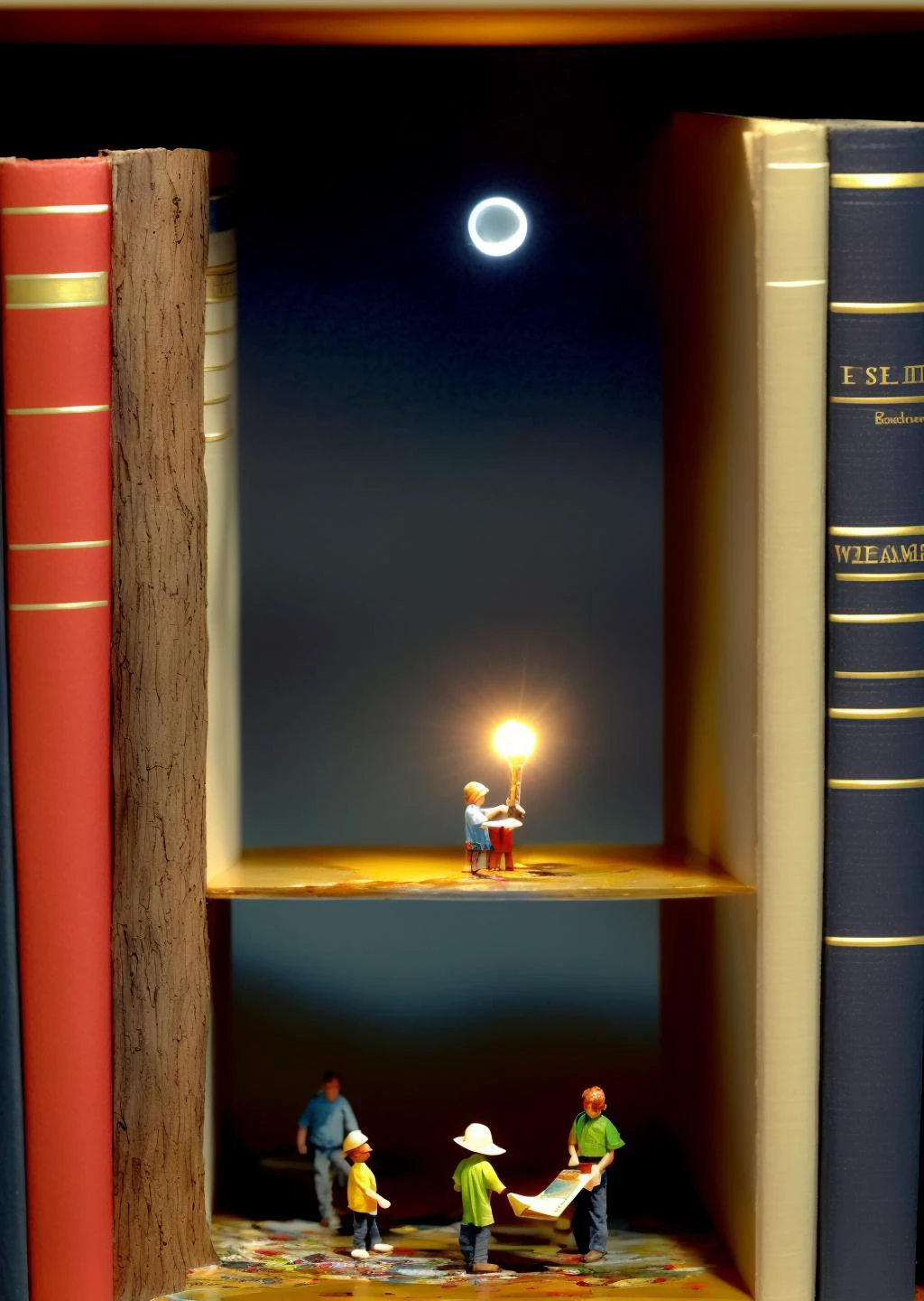 little people miniature explorers made out of plastic exploring an endless spiral library with tall shelves of books at night time, nighttime, painting, masterpiece, nc Wyeth, scary, shadows, (dark surreal), ((tree branches poking through a skylight)), science fiction, gothic horror, rainy windows, <lora:add_detail:1> <lora:epi_noiseoffset2:1>