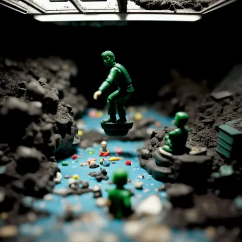 (plastic figurine people with grim faces riding in plastic toy tanks) are salvaging wreckage in enormous post apocalyptical spiral sewer system made of plastic, irradiated roots climbing through skylight, [grainy polaroid photograph], art station, trending on artstation, in the style of filmmaker andrei tarkovsky, editorial photograph, <lora:epi_noiseoffset2:1.2>, <lora:add_detail:0.4>, dusk, smoke, plastic texture, blender, [dirty waterfall], [small river filled with scum and debris], plastic action figure faces