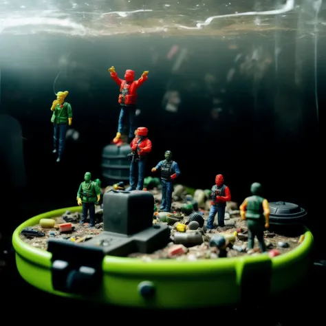 (plastic figurine people with grim faces riding in plastic toy tanks) are salvaging wreckage in enormous post apocalyptical spiral sewer system made of plastic, irradiated roots climbing through skylight, [grainy polaroid photograph], art station, trending on artstation, in the style of filmmaker andrei tarkovsky, editorial photograph, <lora:epi_noiseoffset2:1.2>, <lora:add_detail:0.4>, dusk, smoke, plastic texture, blender, [dirty waterfall], [small river filled with scum and debris], plastic action figure faces