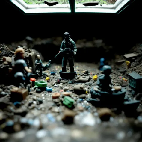 (plastic figurine people with grim faces riding in plastic toy tanks) are salvaging wreckage in enormous post apocalyptical spiral sewer system made of plastic, irradiated roots climbing through skylight, [grainy polaroid photograph], art station, trending on artstation, in the style of filmmaker andrei tarkovsky, editorial photograph, <lora:epi_noiseoffset2:1.2>, <lora:add_detail:0.4>, dusk, smoke, plastic texture, blender, [dirty waterfall], [small river filled with scum and debris], plastic action figure faces
