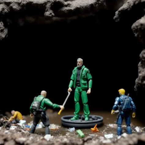 (plastic figurine people with grim faces riding in plastic toy tanks) are salvaging wreckage in enormous post apocalyptical spiral sewer system made of plastic, irradiated roots climbing through skylight, [grainy polaroid photograph], art station, trending on artstation, in the style of filmmaker andrei tarkovsky, editorial photograph, <lora:epi_noiseoffset2:1.2>, <lora:add_detail:0.4>, dusk, smoke, plastic texture, blender, [dirty waterfall], [small river filled with scum and debris], plastic action figure faces