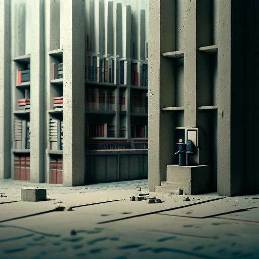 little bureaucratic miniature explorers made out of plastic exploring a concrete brutalist library with tall shelves of books at night time, grainy, painting, masterpiece, scary, shadows, (dark surreal), ((tree branches poking through windows)), trending on deviantart, science fiction, gothic horror, <lora:BrutalistTech-20:1>