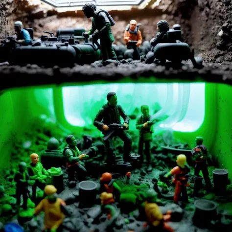 (plastic figurine people with grim faces riding in plastic toy tanks) are salvaging wreckage in enormous post apocalyptical spiral sewer system made of plastic, irradiated roots climbing through skylight, [grainy polaroid photograph], art station, trending on artstation, in the style of filmmaker andrei tarkovsky, editorial photograph, <lora:epi_noiseoffset2:1.2>, <lora:add_detail:0.4>, dusk, smoke, plastic texture, blender, [dirty waterfall], [small river filled with scum and debris], plastic action figure faces