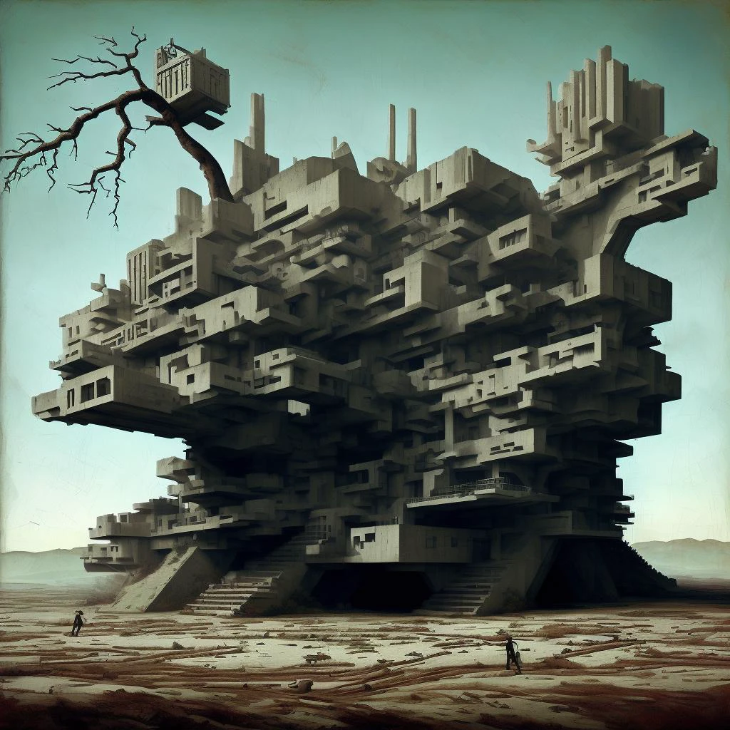little bureaucratic miniature explorers made out of plastic exploring a concrete brutalist library with tall concrete shelves of books at night time, grainy, painting, masterpiece, scary, shadows, highly detailed environmental textures, (dark surreal), ((tree branches poking through windows)), trending on deviantart, science fiction, gothic horror, <lora:BrutalistTech-20:1>