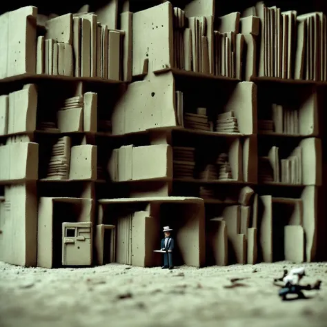 little bureaucratic miniature explorers made out of plastic exploring a concrete brutalist library with tall shelves of books at night time, grainy, painting, masterpiece, scary, shadows, (dark surreal), ((tree branches poking through windows)), trending on deviantart, science fiction, gothic horror, <lora:BrutalistTech-20:1>