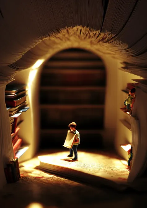 little people miniature explorers made out of plastic exploring an endless spiral library with tall shelves of books at night time, nighttime, painting, masterpiece, nc Wyeth, scary, shadows, (dark surreal), ((tree branches poking through a skylight)), science fiction, gothic horror, rainy windows, <lora:add_detail:1> <lora:epi_noiseoffset2:1>