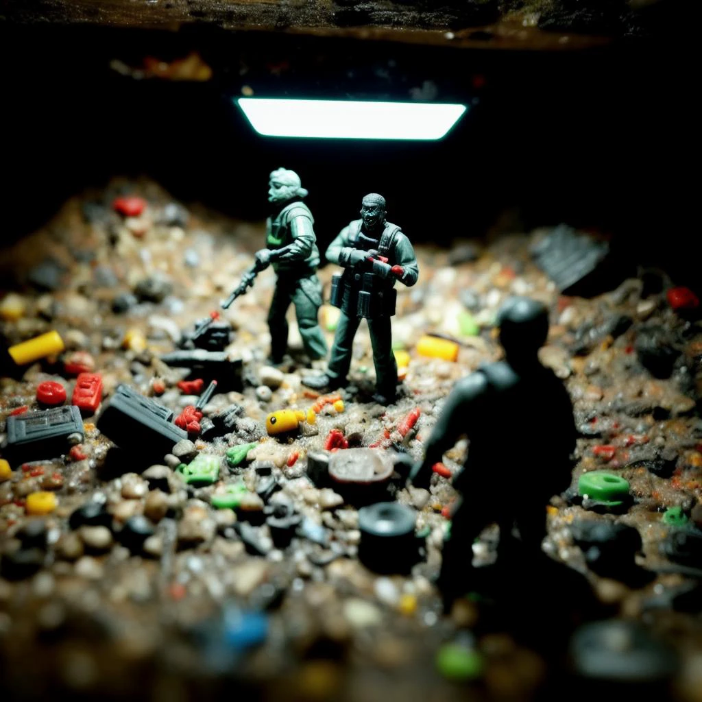 (plastic figurine people with grim faces riding in plastic toy tanks) are salvaging wreckage in enormous post apocalyptical spiral sewer system made of plastic, irradiated roots climbing through skylight, [grainy polaroid photograph], art station, trending on artstation, in the style of filmmaker andrei tarkovsky, editorial photograph, <lora:epi_noiseoffset2:1.2>, <lora:add_detail:0.4>, dusk, smoke, plastic texture, blender, [dirty waterfall], [small river filled with scum and debris], plastic action figure faces