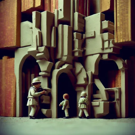 little bureaucratic miniature explorers made out of plastic exploring a concrete brutalist library with tall shelves of books at night time, grainy, painting, masterpiece, scary, shadows, (dark surreal), ((tree branches poking through windows)), trending on deviantart, science fiction, gothic horror, <lora:BrutalistTech-20:1>