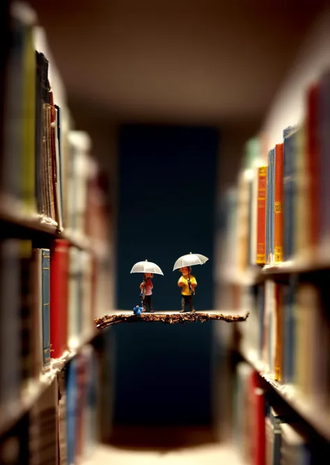 little people miniature explorers made out of plastic exploring an endless spiral library with tall shelves of books at night time, nighttime, painting, masterpiece, nc Wyeth, scary, shadows, (dark surreal), ((tree branches poking through a skylight)), science fiction, gothic horror, rainy windows, <lora:add_detail:1> <lora:epi_noiseoffset2:1>