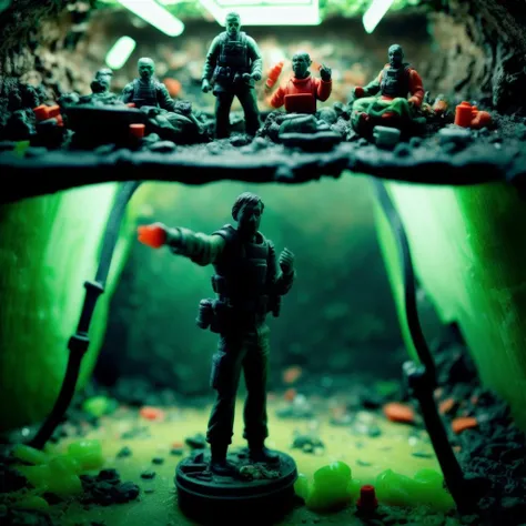 (plastic figurine people with grim faces riding in plastic toy tanks) are salvaging wreckage in enormous post apocalyptical spiral sewer system made of plastic, irradiated roots climbing through skylight, [grainy polaroid photograph], art station, trending on artstation, in the style of filmmaker andrei tarkovsky, editorial photograph, <lora:epi_noiseoffset2:1.2>, <lora:add_detail:0.4>, dusk, smoke, plastic texture, blender, [dirty waterfall], [small river filled with scum and debris], plastic action figure faces