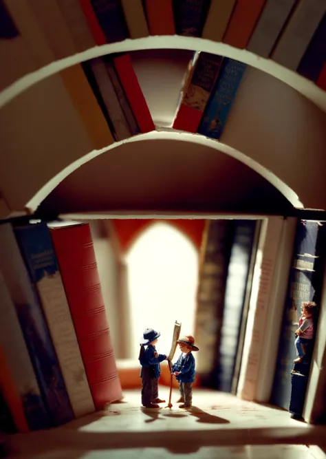 little people miniature explorers made out of plastic exploring an endless spiral library with tall shelves of books at night time, nighttime, painting, masterpiece, nc Wyeth, scary, shadows, (dark surreal), ((tree branches poking through a skylight)), science fiction, gothic horror, rainy windows, <lora:add_detail:1> <lora:epi_noiseoffset2:1>