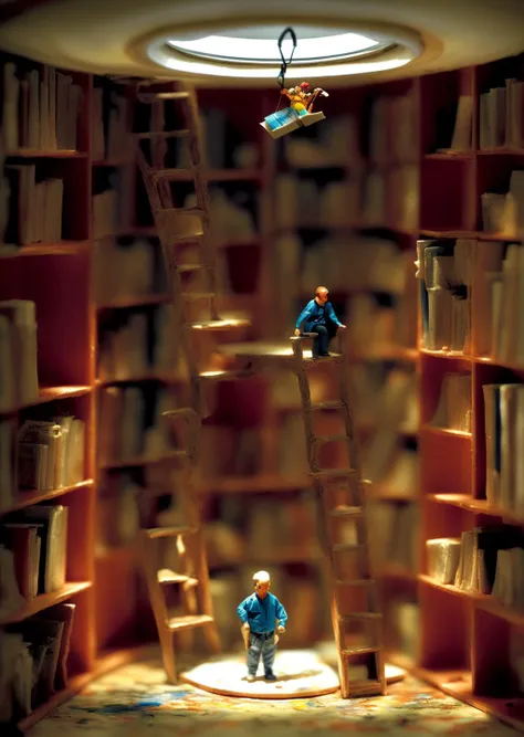 little people miniature explorers made out of plastic exploring an endless spiral library with tall shelves of books at night time, nighttime, painting, masterpiece, nc Wyeth, scary, shadows, (dark surreal), ((tree branches poking through a skylight)), science fiction, gothic horror, rainy windows, <lora:add_detail:1> <lora:epi_noiseoffset2:1>