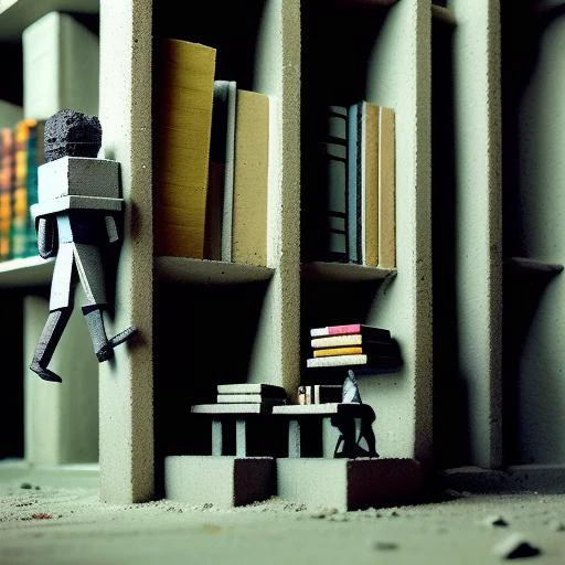 little bureaucratic miniature explorers made out of plastic exploring a concrete brutalist library with tall shelves of books at night time, grainy, painting, masterpiece, scary, shadows, (dark surreal), ((tree branches poking through windows)), trending on deviantart, science fiction, gothic horror, <lora:BrutalistTech-20:1>