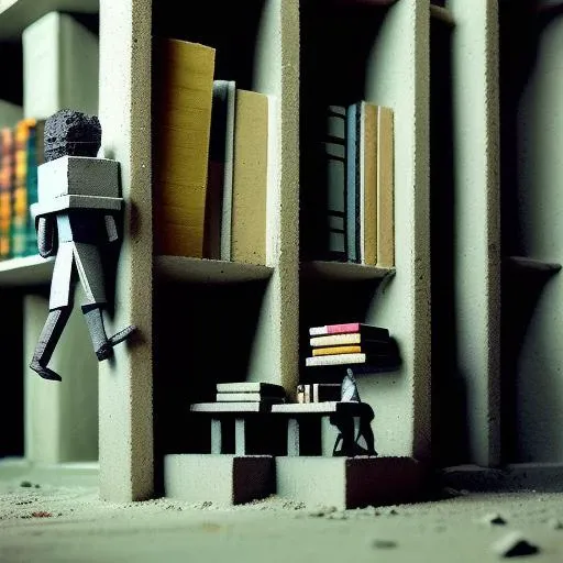 little bureaucratic miniature explorers made out of plastic exploring a concrete brutalist library with tall shelves of books at night time, grainy, painting, masterpiece, scary, shadows, (dark surreal), ((tree branches poking through windows)), trending on deviantart, science fiction, gothic horror, <lora:BrutalistTech-20:1>