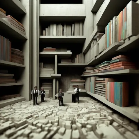 little bureaucratic miniature explorers made out of plastic exploring a concrete brutalist library with tall concrete shelves of books at night time, grainy, painting, masterpiece, scary, shadows, highly detailed environmental textures, (dark surreal), ((glowing electronic wires creeping through utility hatch)), trending on deviantart, science fiction, gothic horror, <lora:BrutalistTech-20:1>