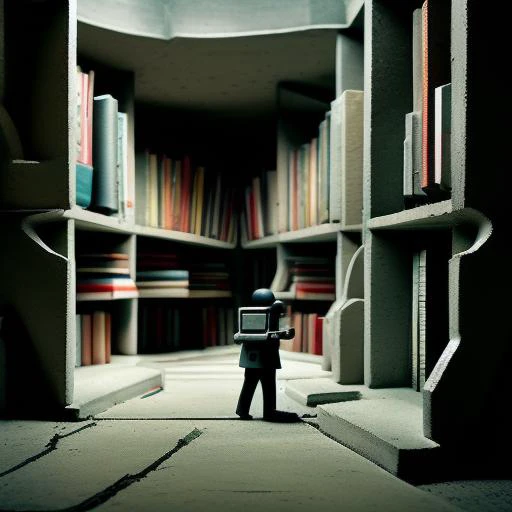 little bureaucratic miniature explorers made out of plastic exploring a concrete brutalist library with tall shelves of books at night time, grainy, painting, masterpiece, scary, shadows, (dark surreal), ((tree branches poking through windows)), trending on deviantart, science fiction, gothic horror, <lora:BrutalistTech-20:1>