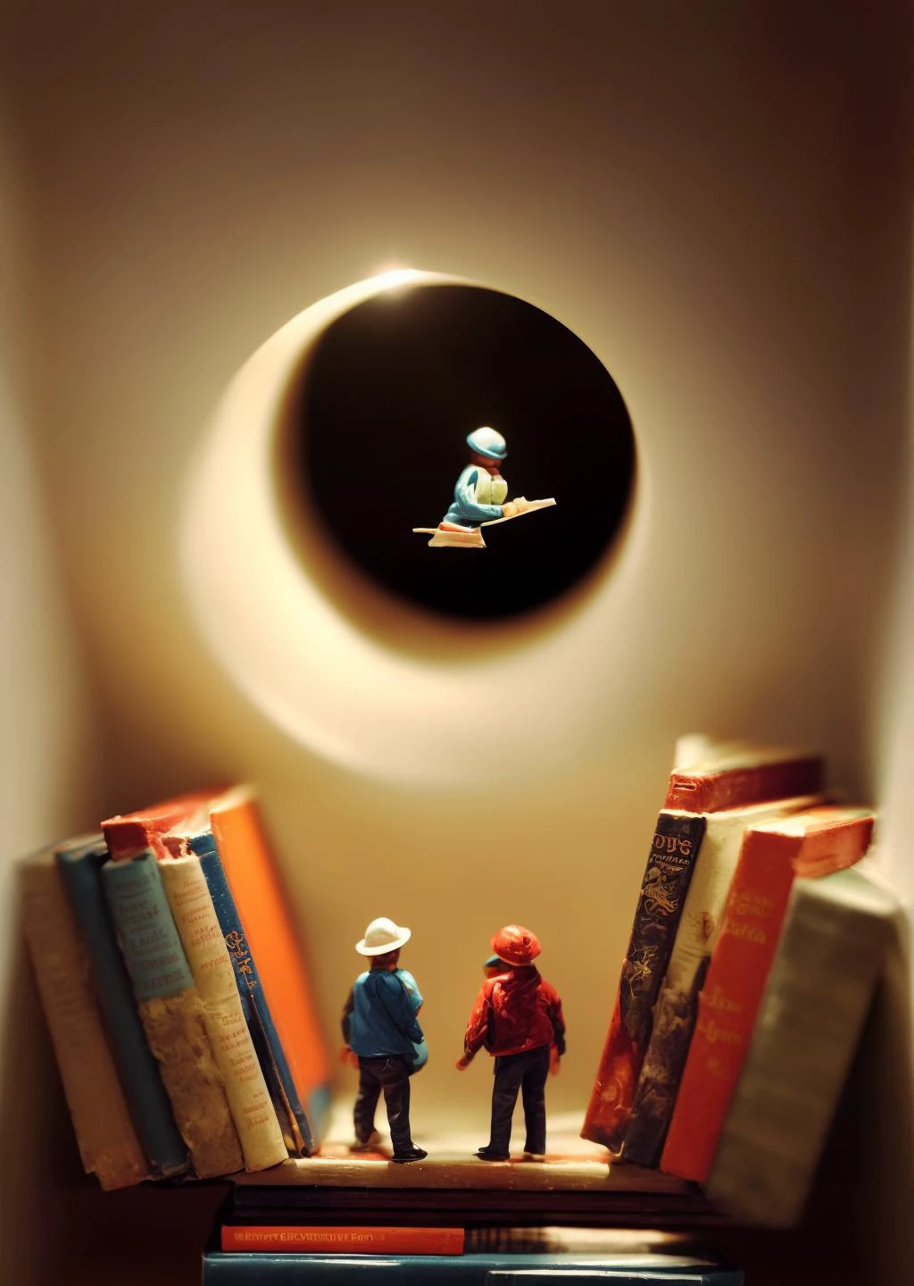little people miniature explorers made out of plastic exploring an endless spiral library with tall shelves of books at night time, nighttime, painting, masterpiece, nc Wyeth, scary, shadows, (dark surreal), ((tree branches poking through a skylight)), science fiction, gothic horror, rainy windows, <lora:add_detail:1> <lora:epi_noiseoffset2:1>
