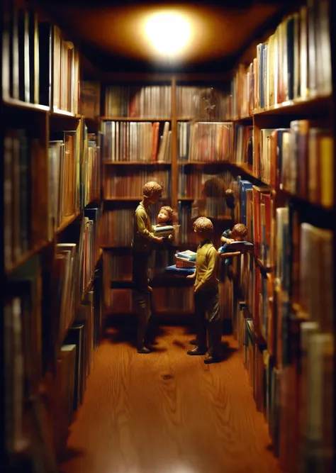 little people miniature explorers made out of plastic exploring an endless spiral library with tall shelves of books at night time, nighttime, painting, masterpiece, nc Wyeth, scary, shadows, (dark surreal), ((tree branches poking through a skylight)), science fiction, gothic horror, rainy windows, <lora:add_detail:1> <lora:epi_noiseoffset2:1>