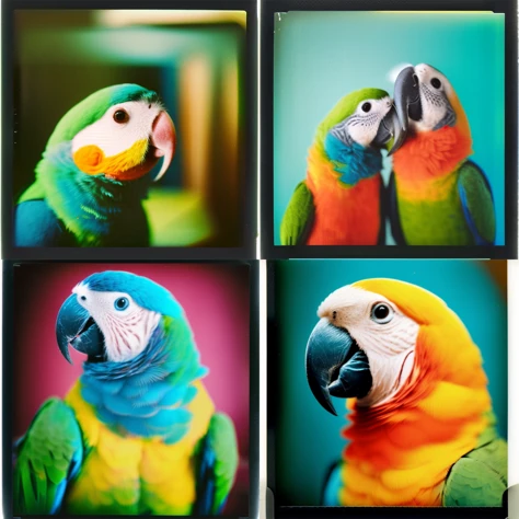 vintage polaroid analog portrait photography of a parrot, warm azure tones, heavy lensflare, color bleed, film grain
